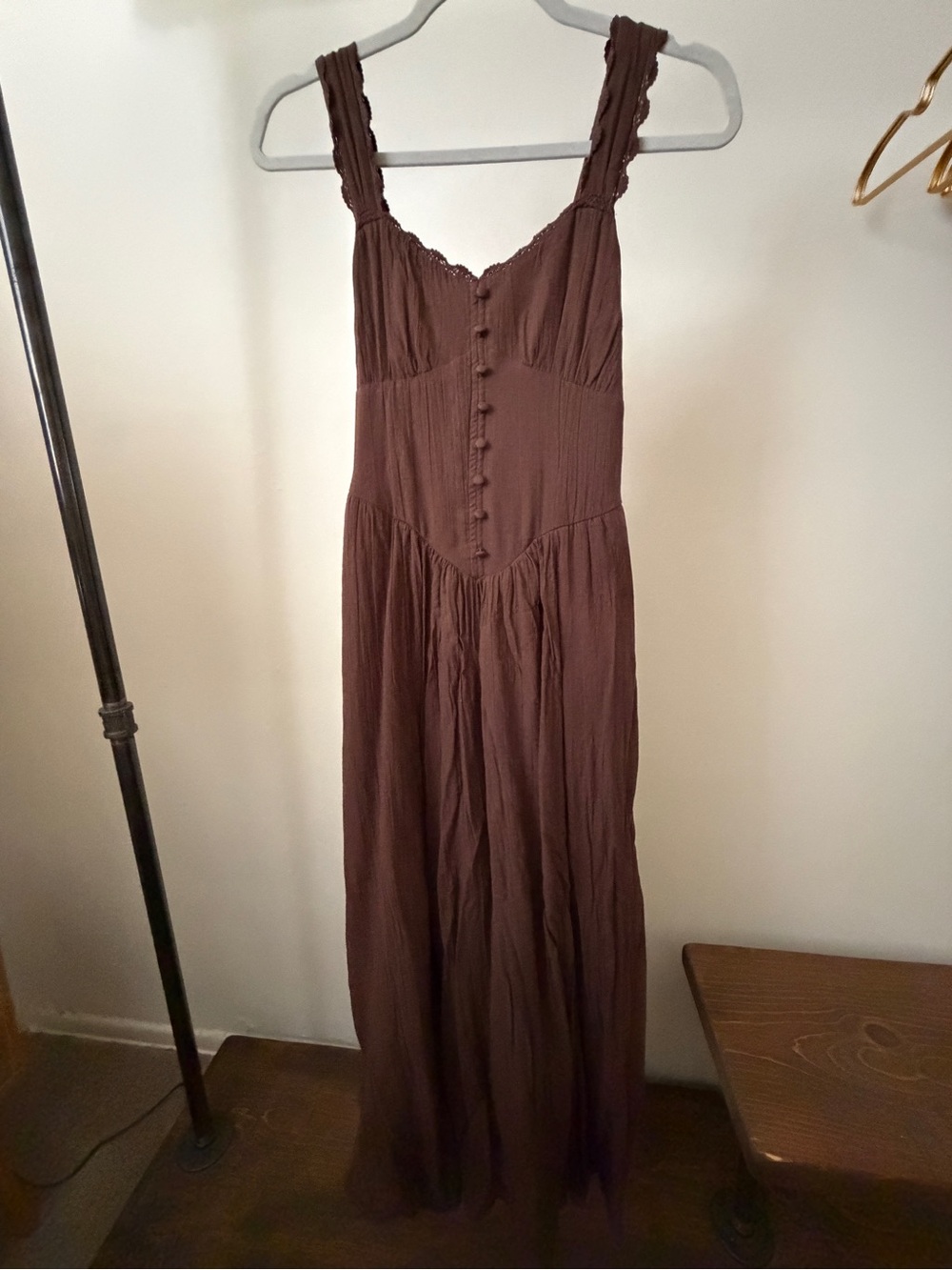 American Eagle Outfitters Brown Sleeveless Button-Front Maxi Dress